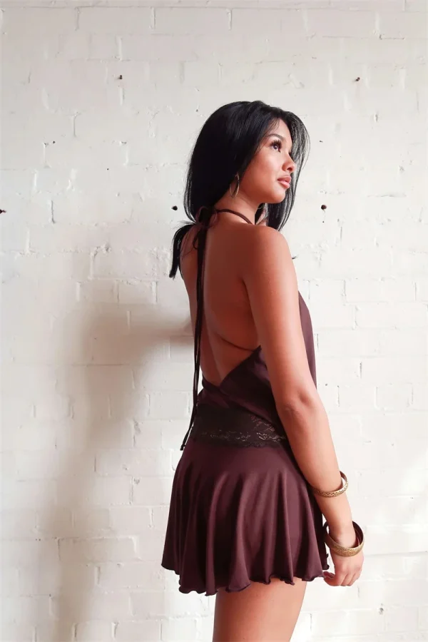 Casual Halter Sleeveless Patchwork Lace Backless Slim A-Line Short Mini Dress - Image 3