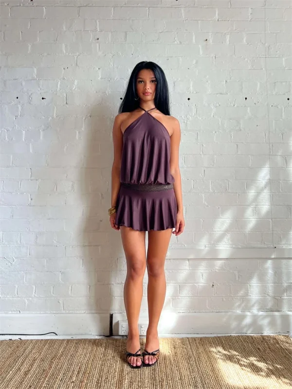 Casual Halter Sleeveless Patchwork Lace Backless Slim A-Line Short Mini Dress - Image 4