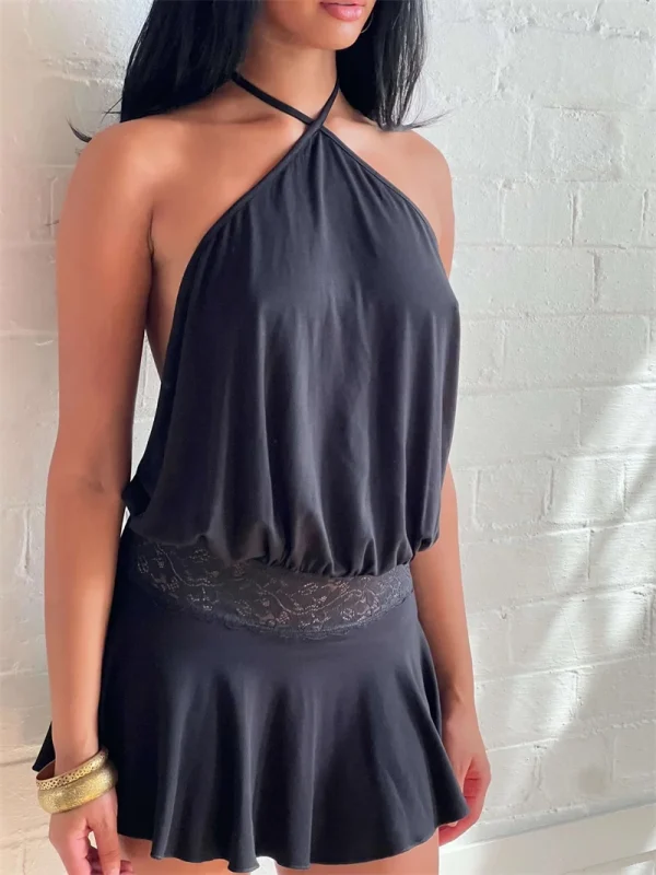 Casual Halter Sleeveless Patchwork Lace Backless Slim A-Line Short Mini Dress - Image 8