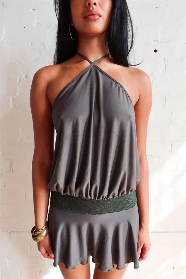 Casual Halter Sleeveless Patchwork Lace Backless Slim A-Line Short Mini Dress - Image 9