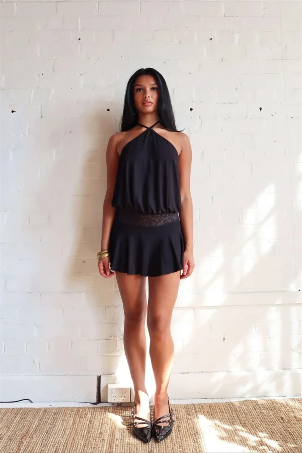 Casual Halter Sleeveless Patchwork Lace Backless Slim A-Line Short Mini Dress - Image 11