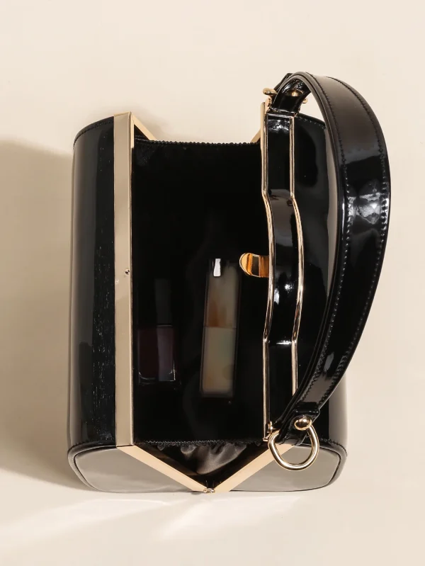 Casual Highlight Cute Simple Patent Pearlescent Leather Handheld Hard Shell Clip Dinner Bag - Image 15