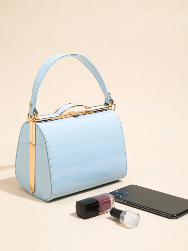 Casual Highlight Cute Simple Patent Pearlescent Leather Handheld Hard Shell Clip Dinner Bag - Image 10