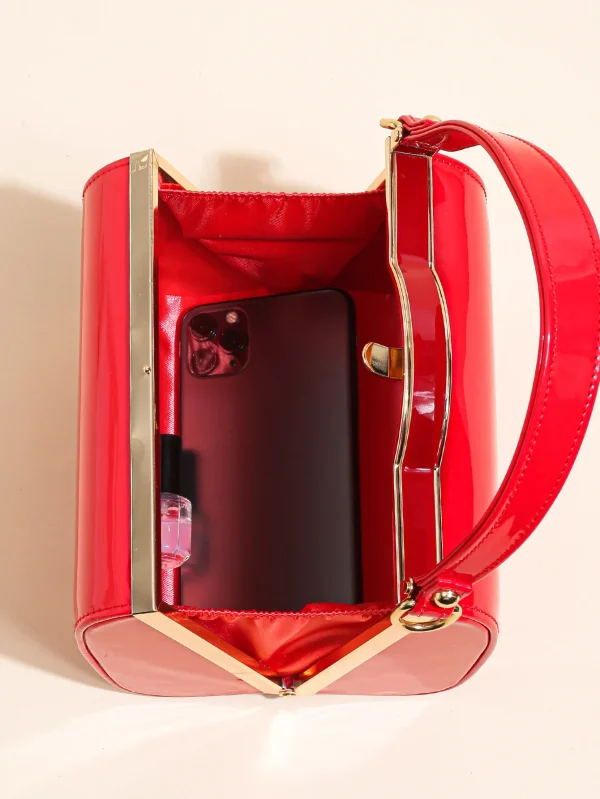 Casual Highlight Cute Simple Patent Pearlescent Leather Handheld Hard Shell Clip Dinner Bag - Image 7