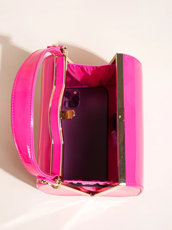 Casual Highlight Cute Simple Patent Pearlescent Leather Handheld Hard Shell Clip Dinner Bag - Image 23