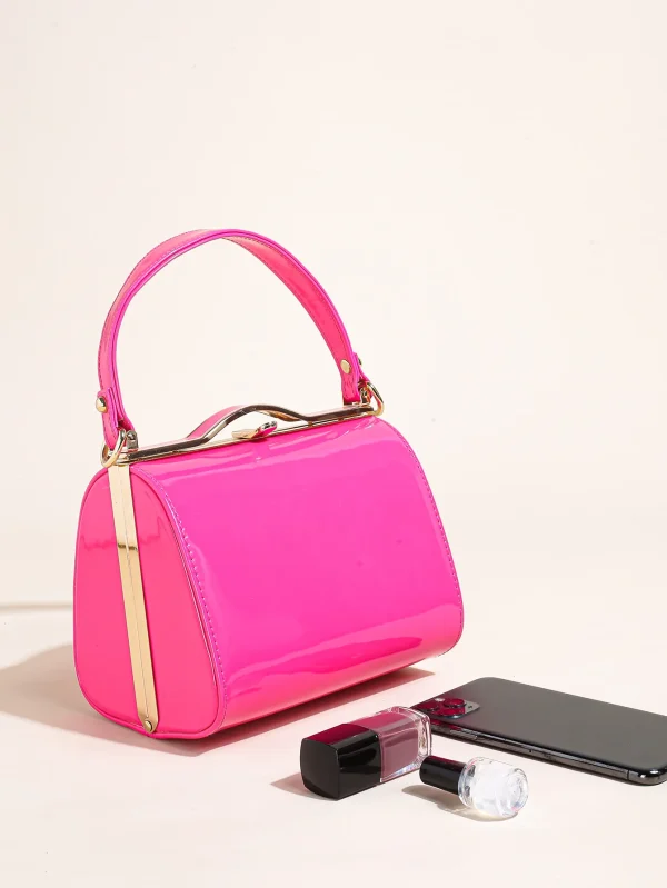 Casual Highlight Cute Simple Patent Pearlescent Leather Handheld Hard Shell Clip Dinner Bag - Image 22