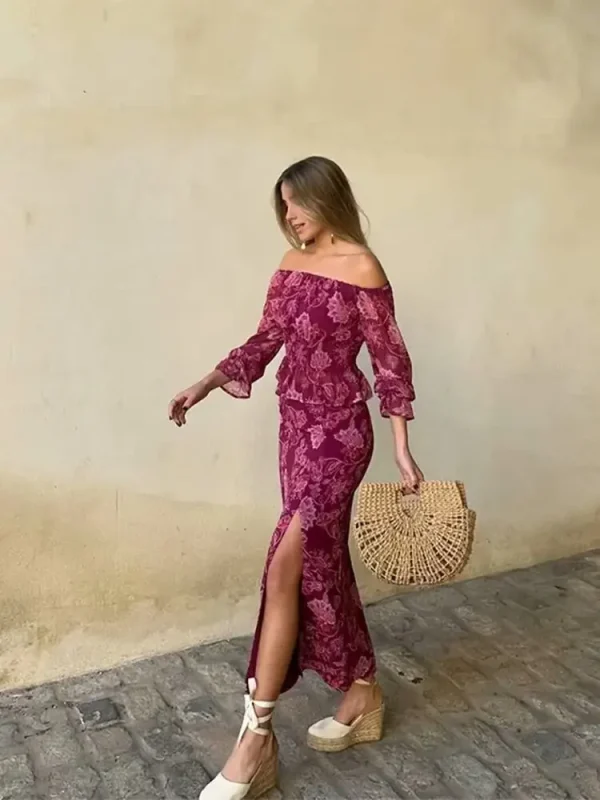 Casual One-Shoulder Slim Long-Sleeved High Straight Slit printed Suit - Image 2