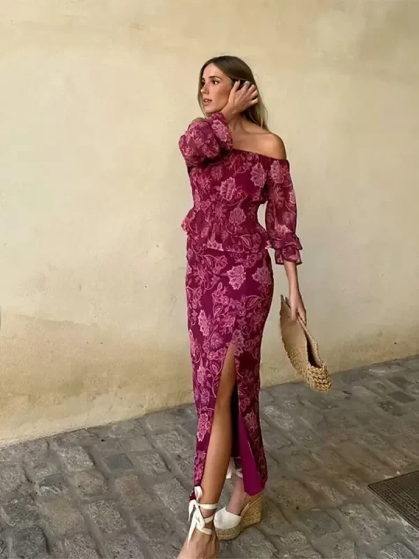 Casual One-Shoulder Slim Long-Sleeved High Straight Slit printed Suit - Image 4