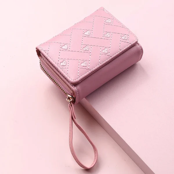 Casual PU Multi Objects Pocket Short Embroidered Love Pattern Wallet Tri Fold Card Bag - Image 2