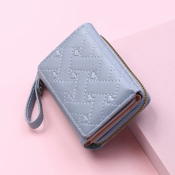 Casual PU Multi Objects Pocket Short Embroidered Love Pattern Wallet Tri Fold Card Bag