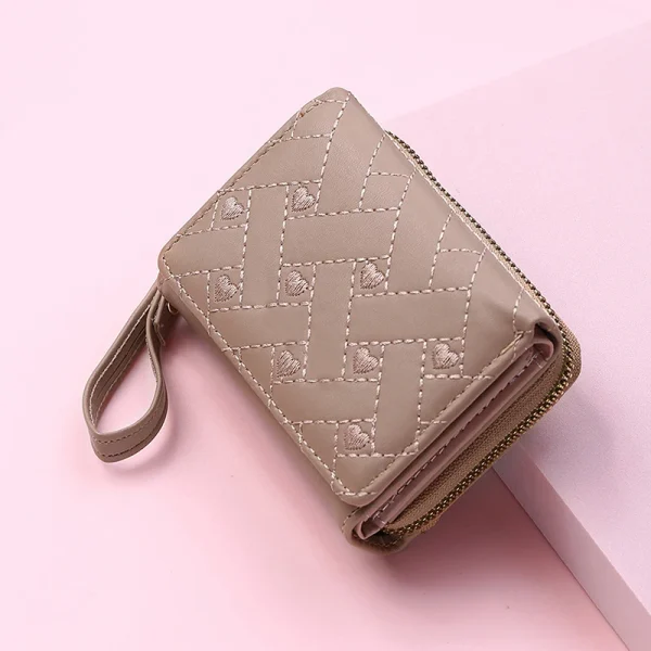 Casual PU Multi Objects Pocket Short Embroidered Love Pattern Wallet Tri Fold Card Bag - Image 3