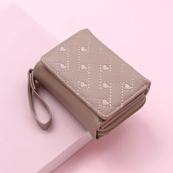 Casual PU Multi Objects Pocket Short Embroidered Love Pattern Wallet Tri Fold Card Bag - Image 7