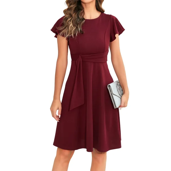 Casual Pleated Swing O Neck Dress Solid Color Loose MiniDress - Image 2