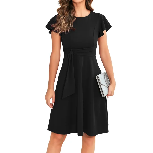 Casual Pleated Swing O Neck Dress Solid Color Loose MiniDress - Image 3