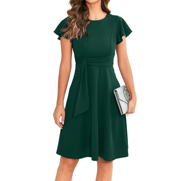 Casual Pleated Swing O Neck Dress Solid Color Loose MiniDress - Image 4