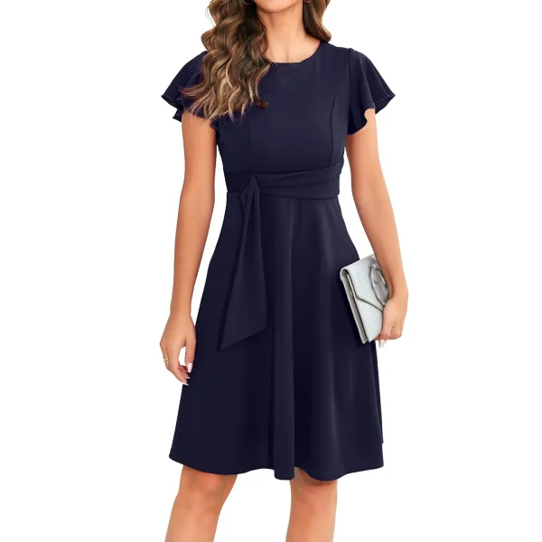 Casual Pleated Swing O Neck Dress Solid Color Loose MiniDress - Image 5