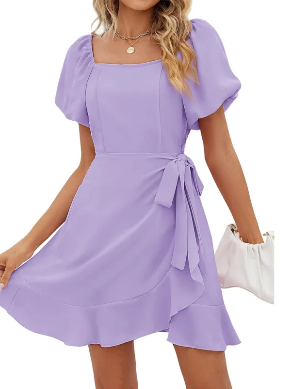 Casual Square Neck Ruffle Short Sleeve  Loose Polyester Mini Dress