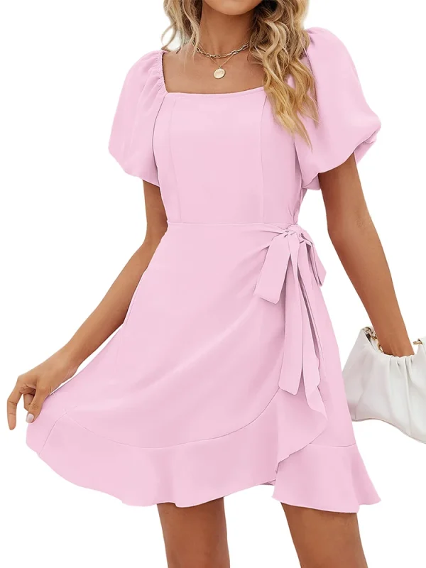 Casual Square Neck Ruffle Short Sleeve  Loose Polyester Mini Dress - Image 8