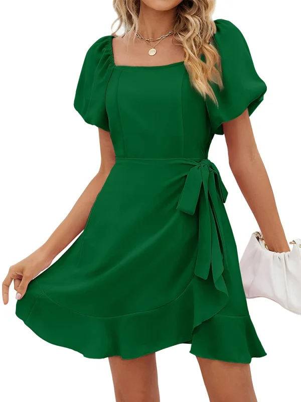 Casual Square Neck Ruffle Short Sleeve  Loose Polyester Mini Dress - Image 9