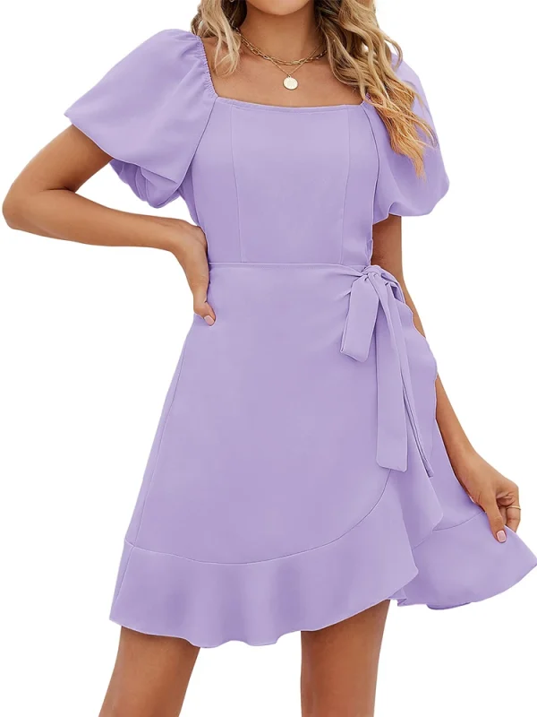 Casual Square Neck Ruffle Short Sleeve  Loose Polyester Mini Dress - Image 2