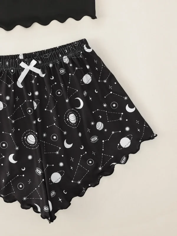 Casual Star Moon Printed Sleeveless Sling Crop Tops and Shorts Set - Image 3