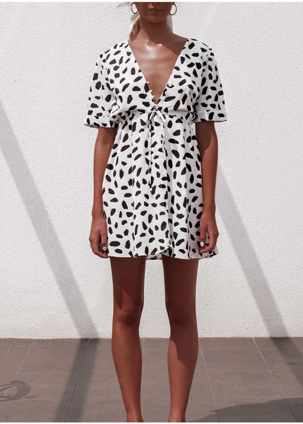 Casual  V Neck Bottom Wrap Sand Spot Mini  Bodycon Dress - Image 4