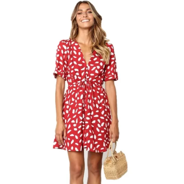 Casual  V Neck Bottom Wrap Sand Spot Mini  Bodycon Dress - Image 6