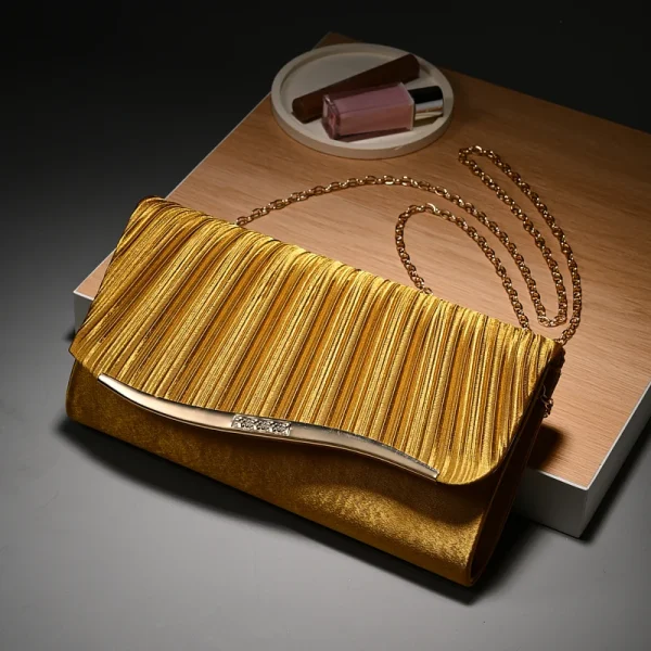 Classic Retro Stylish Small Storage Romantic Allinone Evening Metal Embellished Pleated Dinner Hand Bag - Image 11