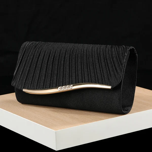 Classic Retro Stylish Small Storage Romantic Allinone Evening Metal Embellished Pleated Dinner Hand Bag - Image 3