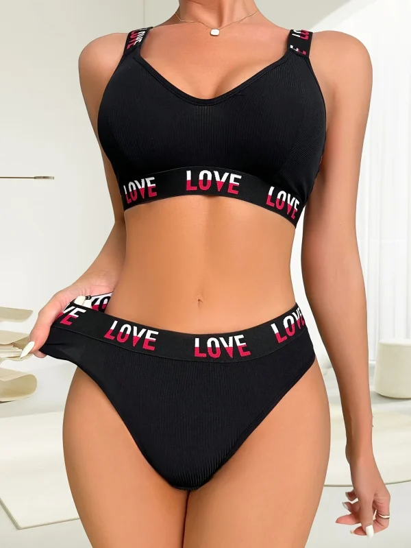 Color Bocking Letter Printed Thread Sports Bra Thong Underwear Set - Image 2