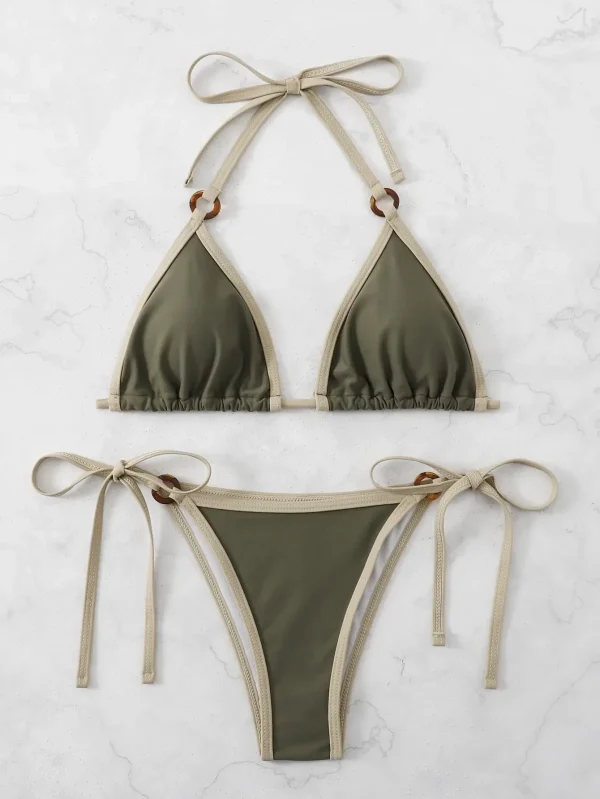 Contrast Binding Ring Bikinis Halter Swimsuit Triangle Swimwear Bathing Suit - Image 2
