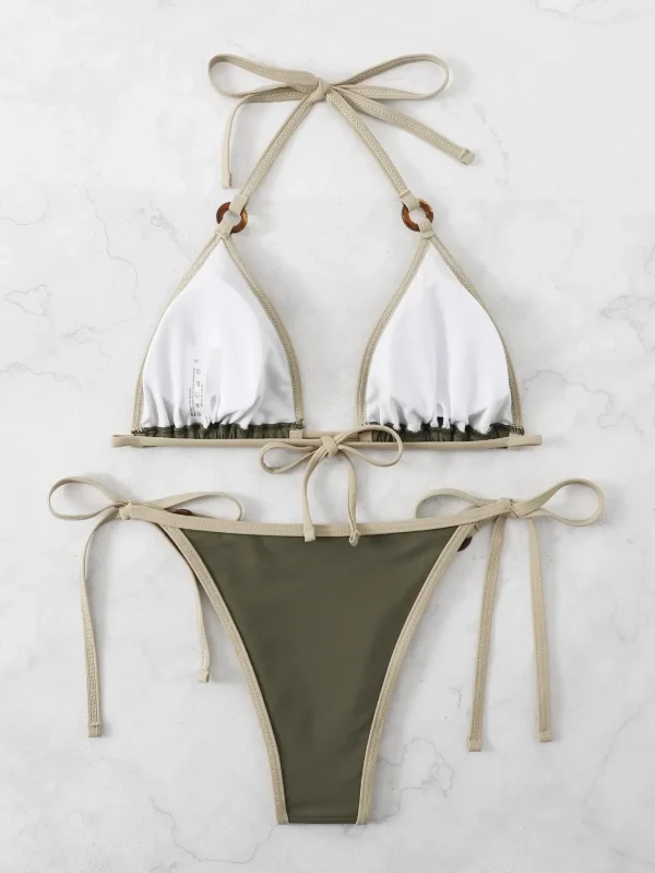 Contrast Binding Ring Bikinis Halter Swimsuit Triangle Swimwear Bathing Suit - Image 3