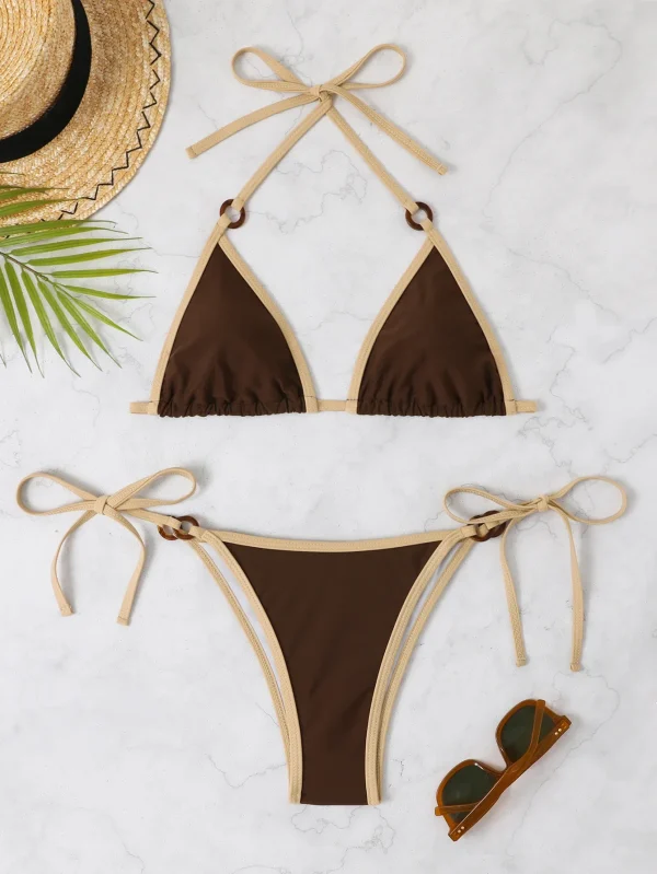 Contrast Binding Ring Bikinis Halter Swimsuit Triangle Swimwear Bathing Suit - Image 6