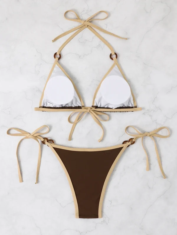 Contrast Binding Ring Bikinis Halter Swimsuit Triangle Swimwear Bathing Suit - Image 7