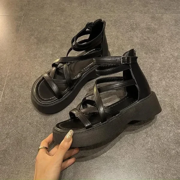 Designer Roman Style Hollow Open Toe Thick Heel Sandals - Image 6
