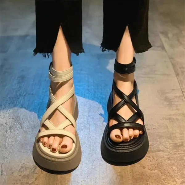 Designer Roman Style Hollow Open Toe Thick Heel Sandals - Image 7
