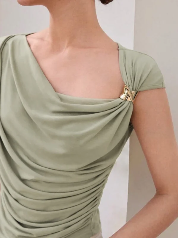 Elegant Irregular Metal Pleated High Stretch Solid Daily Casual Knots Tops - Image 4