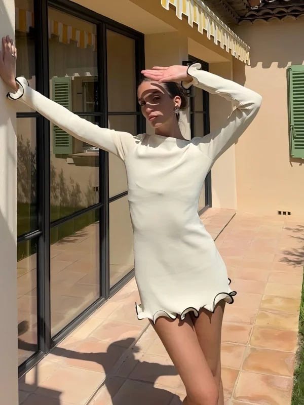 Elegant O-Neck Long Sleeves Ruffles Patchwork Bodycon Mini Dress - Image 20