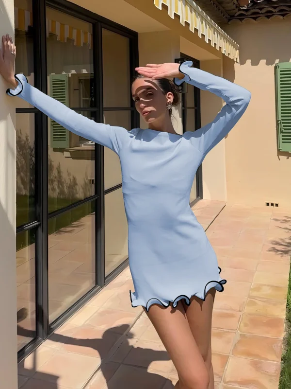 Elegant O-Neck Long Sleeves Ruffles Patchwork Bodycon Mini Dress - Image 12