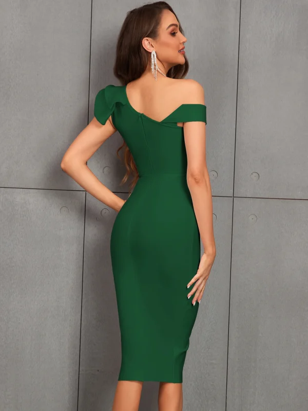 Elegant One Shoulder Ruffle Split Thigh Bodycon Midi Dress - Image 28