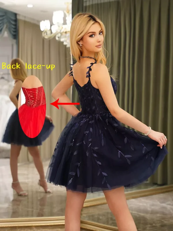 Elegant Open Shoulder Sparkling Leaf Applique Cocktail Dress - Image 7