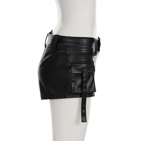 Elegant Pockets Zipper Low-Waisted Gothic Pu Leather Big Pockets Short - Image 3