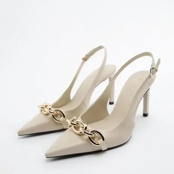 Elegant Pointed Toe Comfortable Metal Chain Design High Heels - Image 2