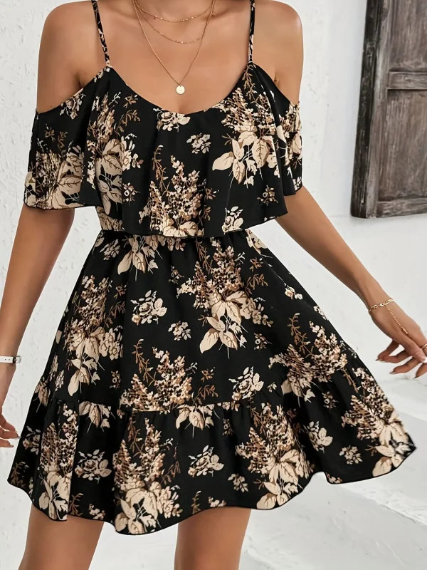 Elegant Printed Bowed Waist Pleated Short Sleeve Halter Neck Mini Dress