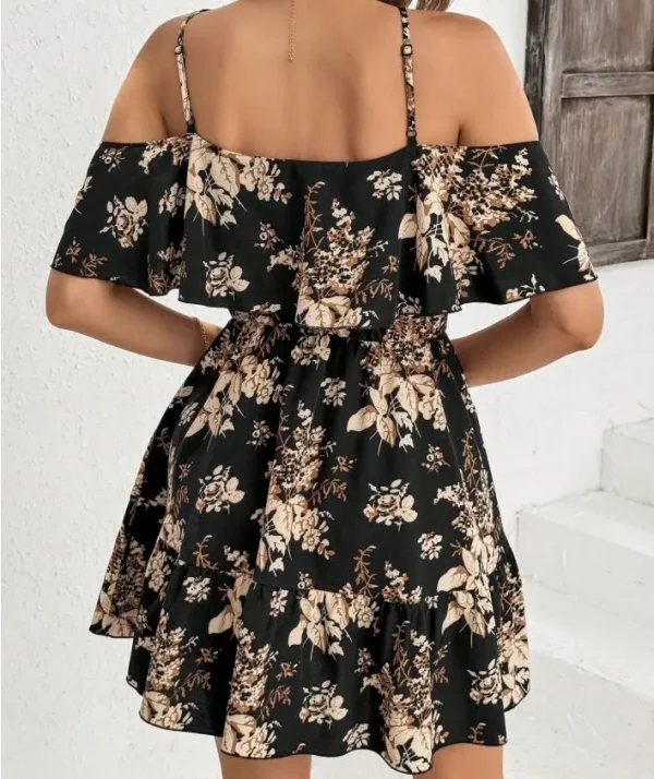 Elegant Printed Bowed Waist Pleated Short Sleeve Halter Neck Mini Dress - Image 4