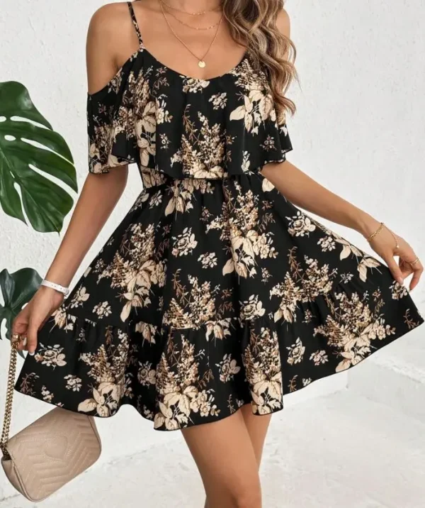Elegant Printed Bowed Waist Pleated Short Sleeve Halter Neck Mini Dress - Image 3