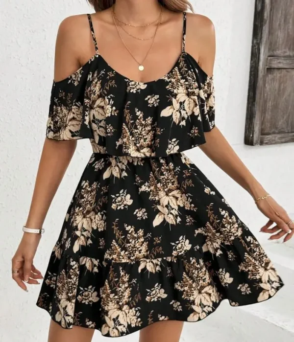 Elegant Printed Bowed Waist Pleated Short Sleeve Halter Neck Mini Dress - Image 2