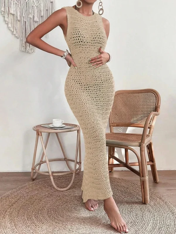 Elegant Round Neck And Waist Clip Skirt Hollow Fit Woolen Out Dress - Image 3