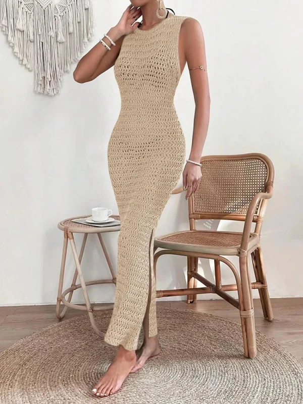 Elegant Round Neck And Waist Clip Skirt Hollow Fit Woolen Out Dress - Image 5