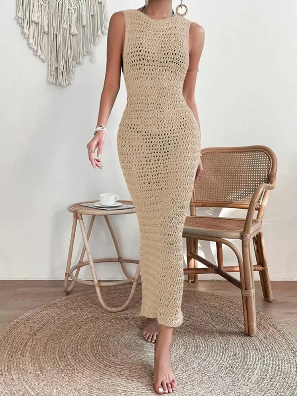 Elegant Round Neck And Waist Clip Skirt Hollow Fit Woolen Out Dress - Image 4